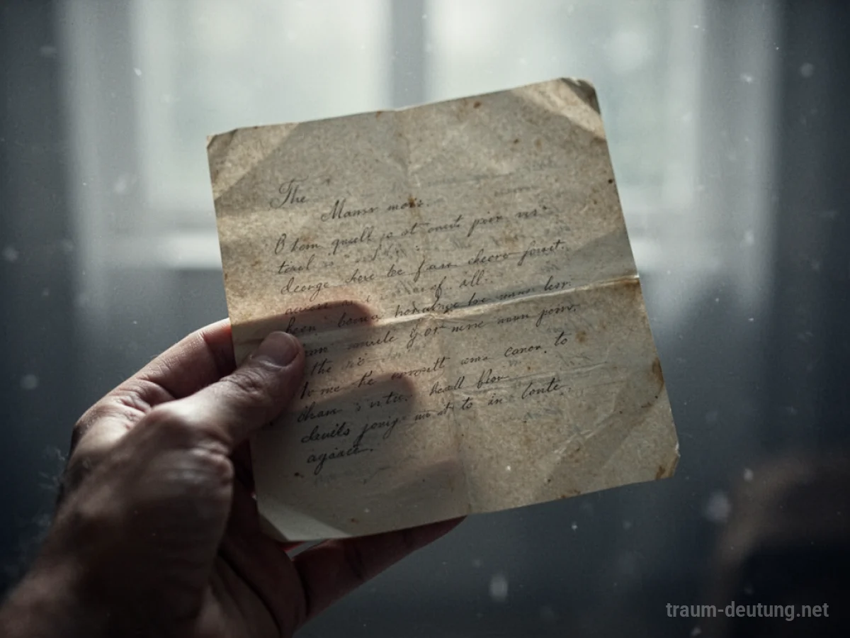 Hand hält ein Blatt Papier mit handgeschriebener Nachricht im Traum