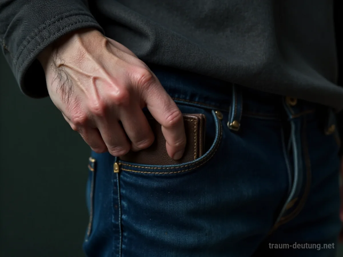 Eine Hand tastet in einer leeren Hosentasche, das Portemonnaie fehlt.