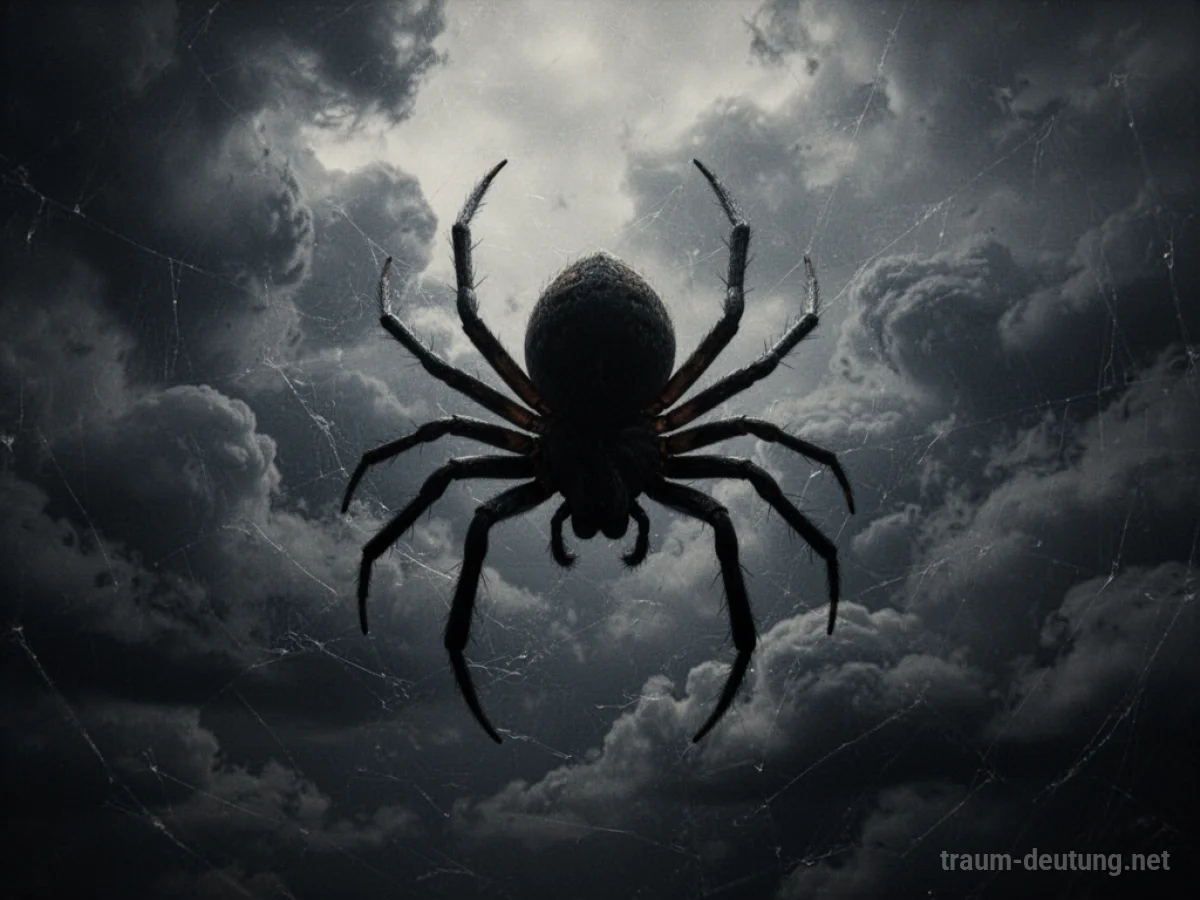 Schattenhafte Silhouette einer Spinne vor bedrohlichen Wolken
