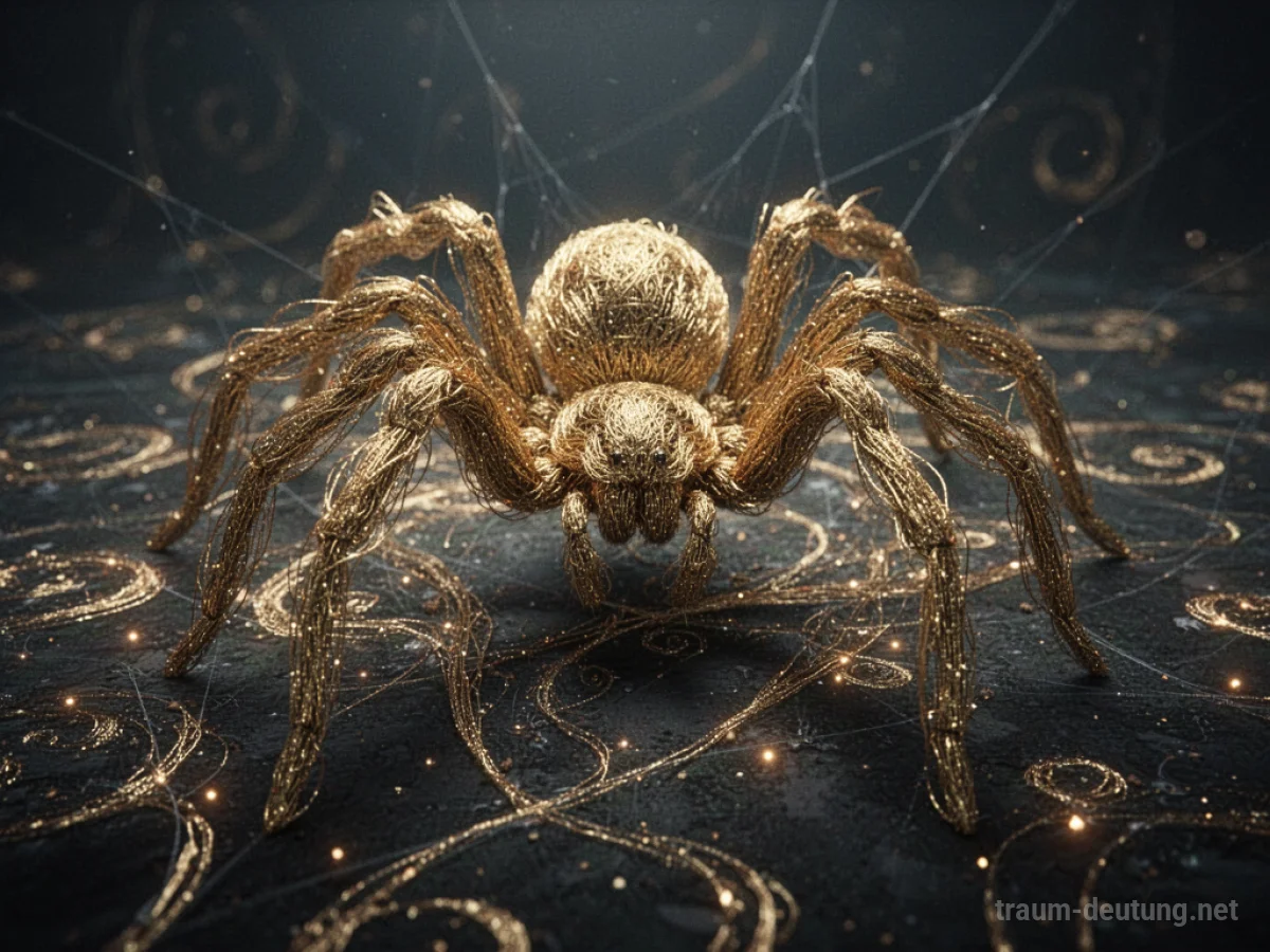 Eine große, kunstvolle goldene Spinne aus schimmernden Fäden
