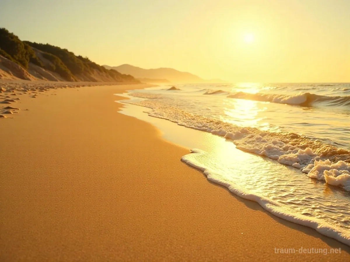 Goldener Sandstrand mit sanften Wellen bei Sonnenschein