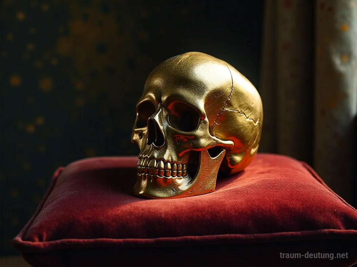 Goldener Schädel auf einem Samtkissen