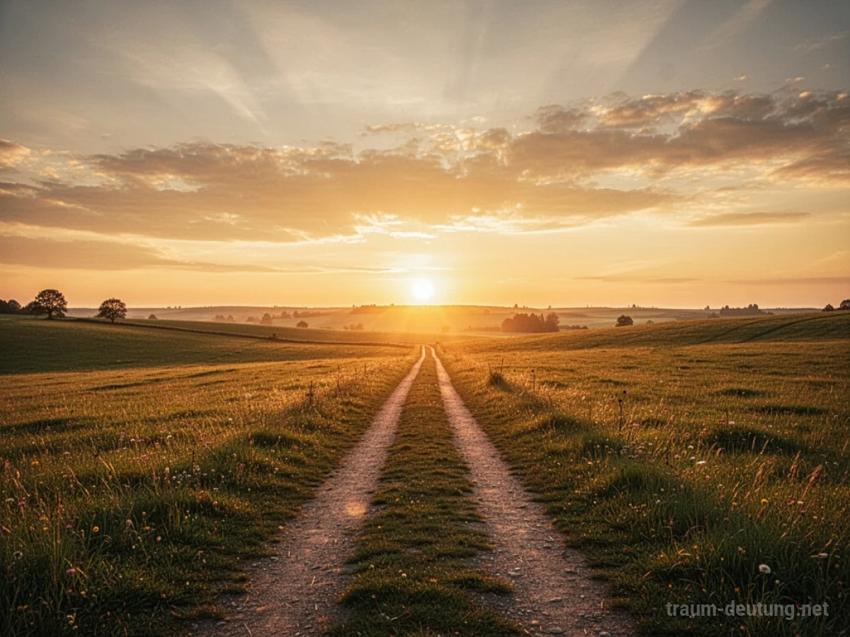 Goldener Sonnenuntergang mit langen Schatten und einem Weg zum Horizont