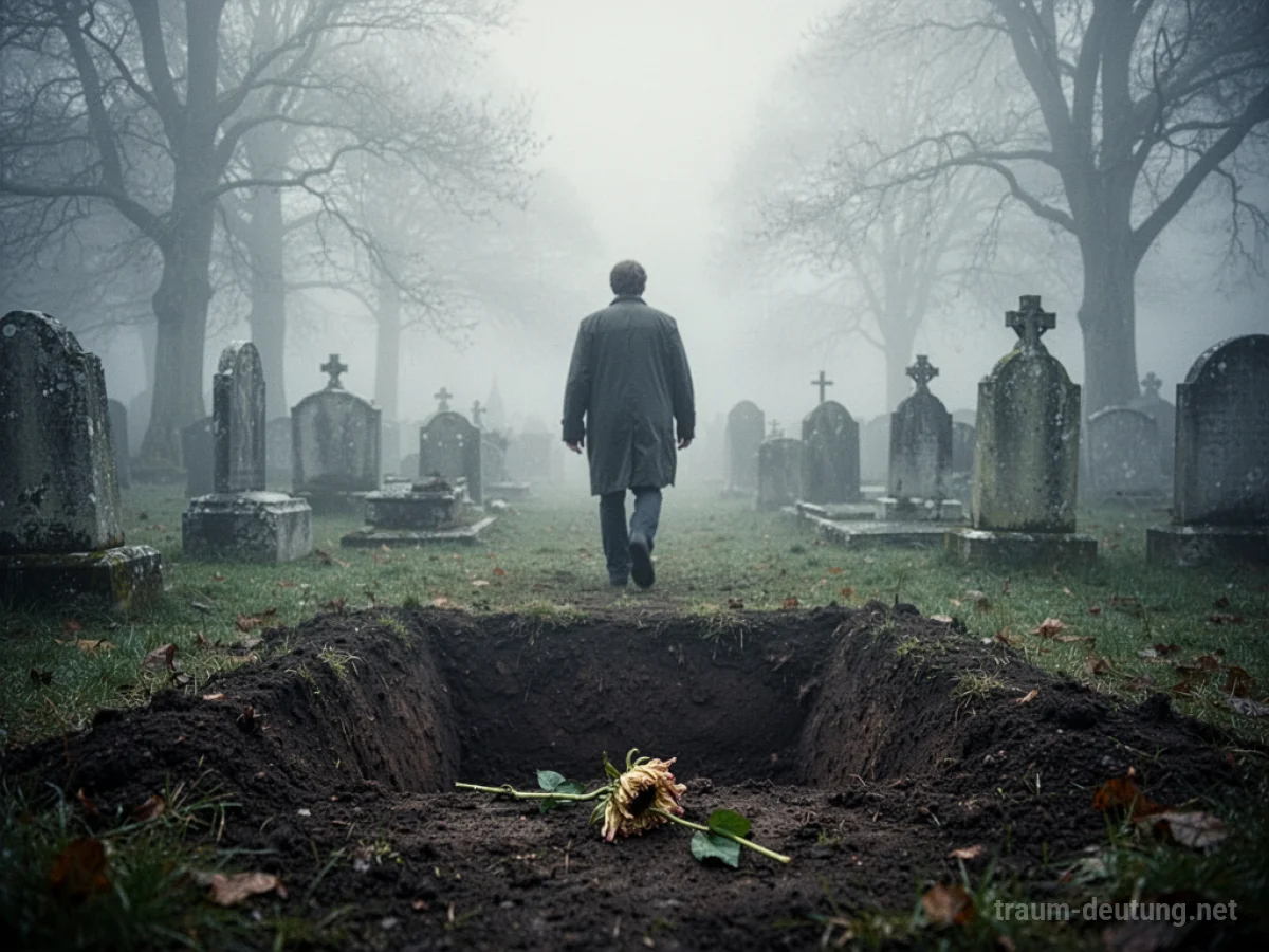 Person sucht ein Grab auf einem nebligen Friedhof.