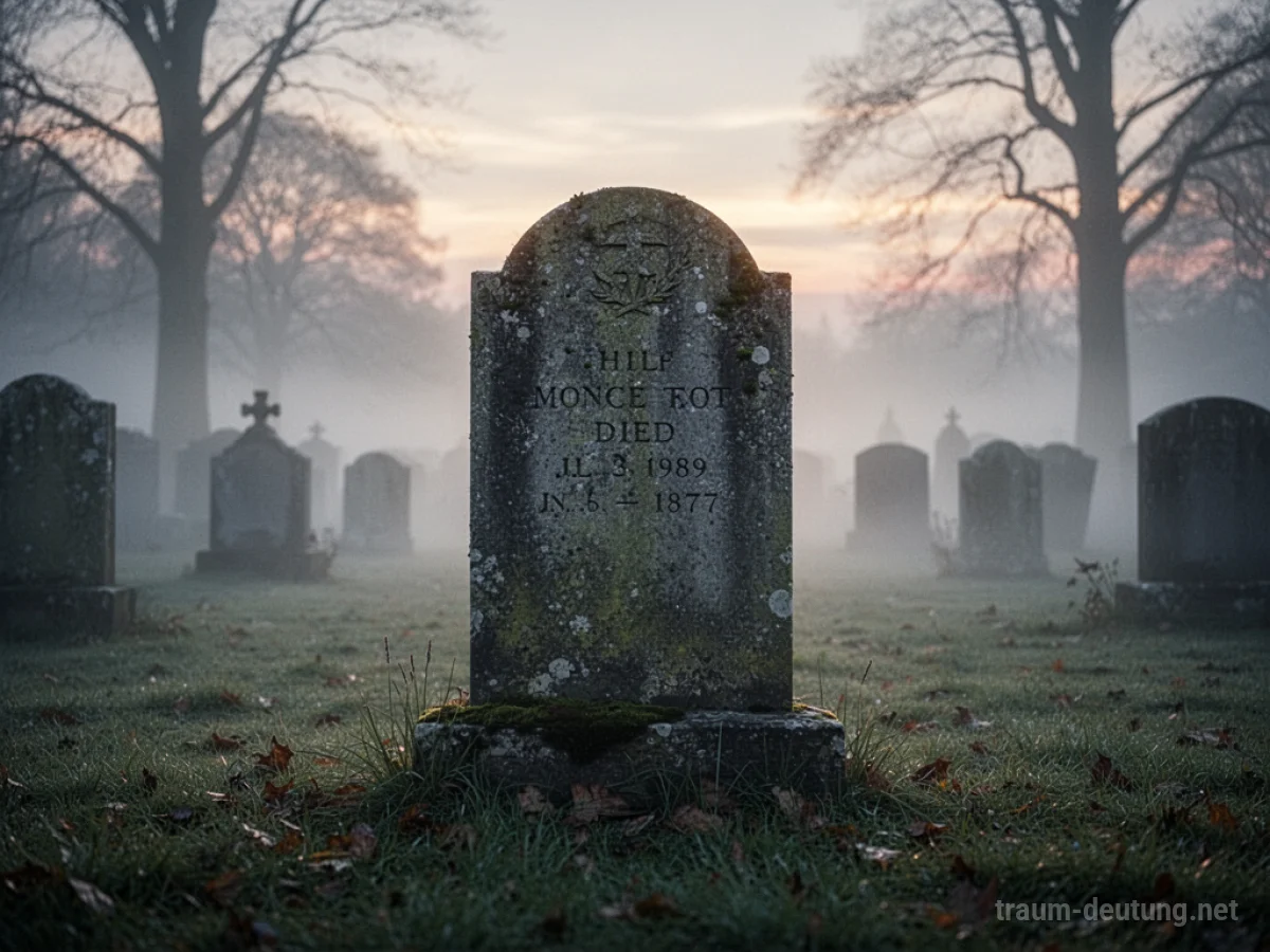 Ein einzelner, verwitterter Grabstein in einem nebligen Friedhof bei Morgengrauen.