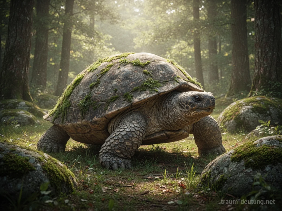 Eine riesige, alte Schildkröte mit moosbewachsenem Panzer in einem sonnendurchfluteten Wald.
