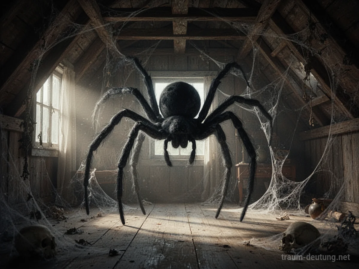 Eine riesige Schatten-Spinne in einem dunklen, staubigen Dachboden mit vielen Spinnweben.