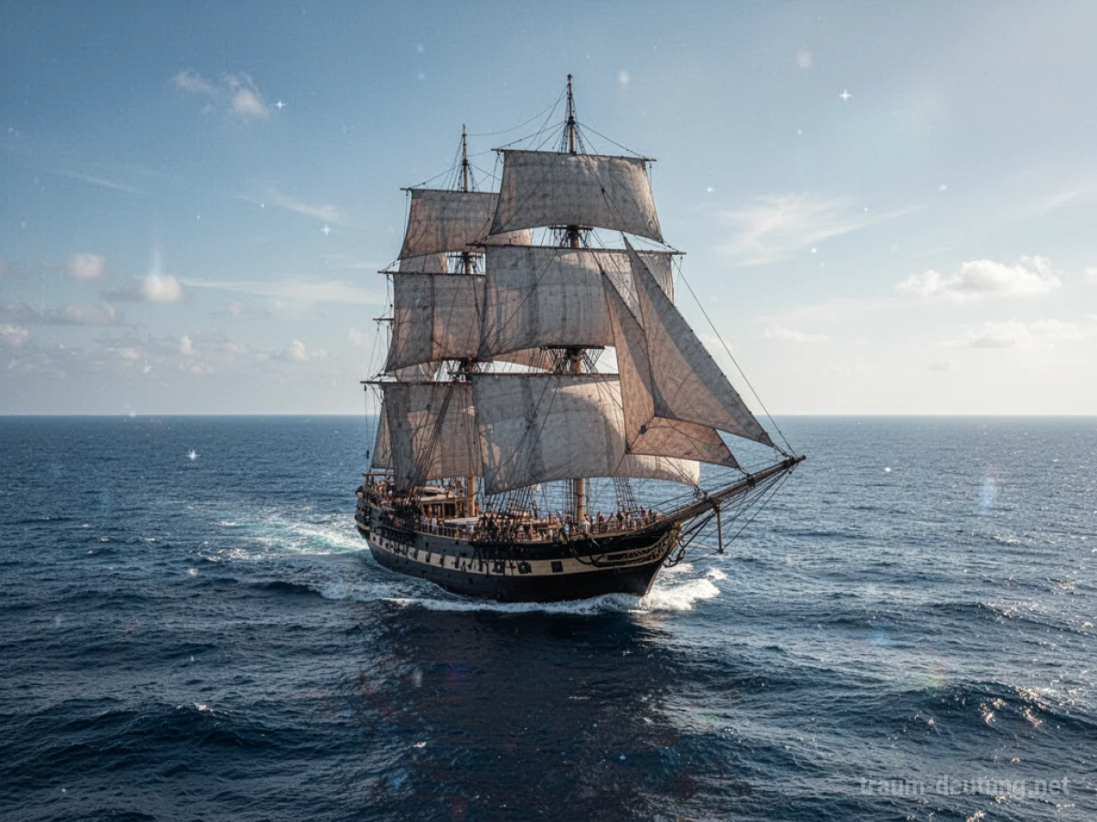 Großes Segelschiff gleitet über ruhige Meeresoberfläche bei Sonnenschein.