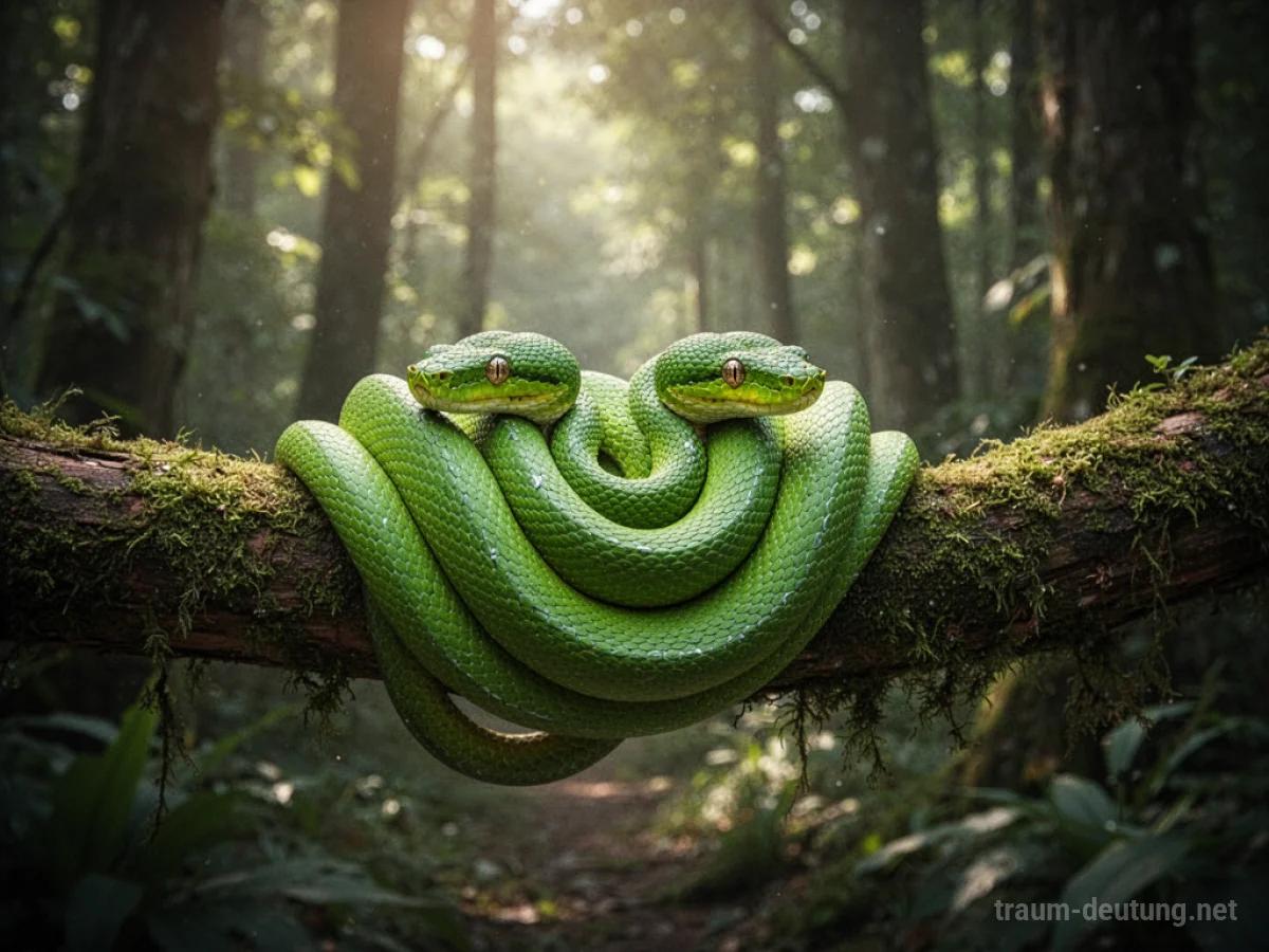 Eine leuchtend grüne Schlange windet sich auf einem Ast im Wald.