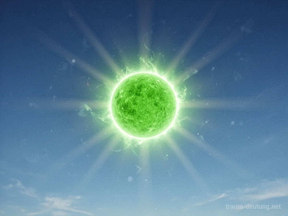 Eine leuchtend grüne Sonne am klaren blauen Himmel.