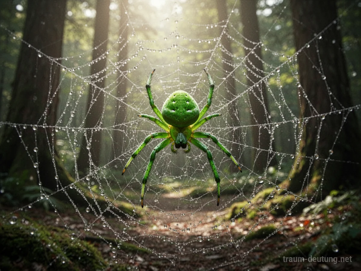 Grüne Spinne sitzt in ihrem Netz im Sonnenlicht eines Waldes.