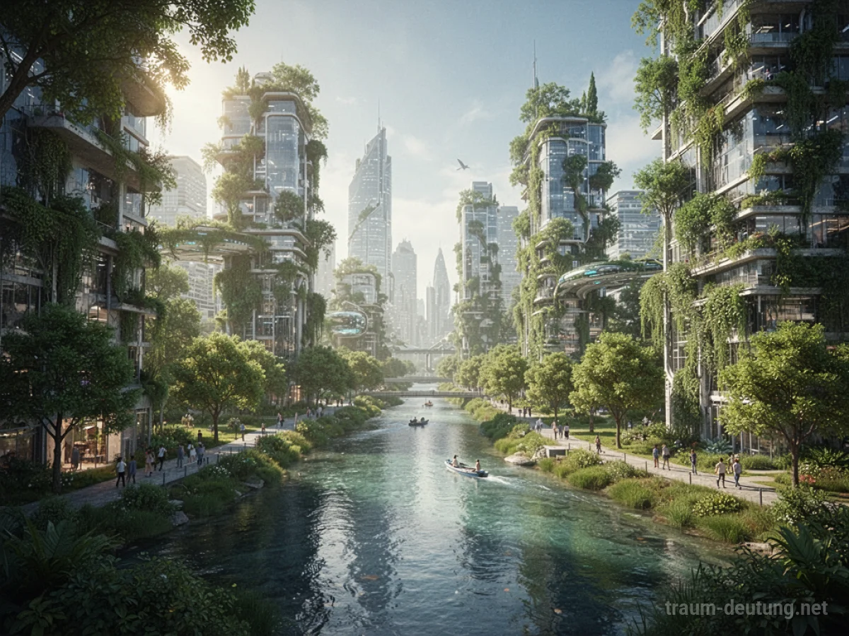 Eine futuristische Stadt mit üppiger Vegetation und Bäumen auf Gebäuden.