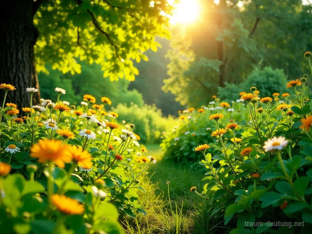 Ein üppiger grüner Sommergarten mit blühenden Blumen im Sonnenlicht.