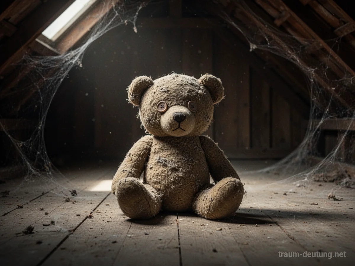 Ein alter, staubiger Teddybär mit Knopfaugen sitzt allein auf einem Dachboden.