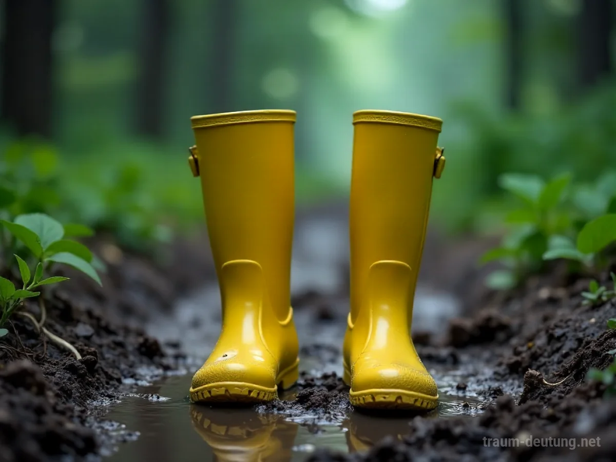 Gelbe Gummistiefel stehen im Schlamm nach einem Regen.
