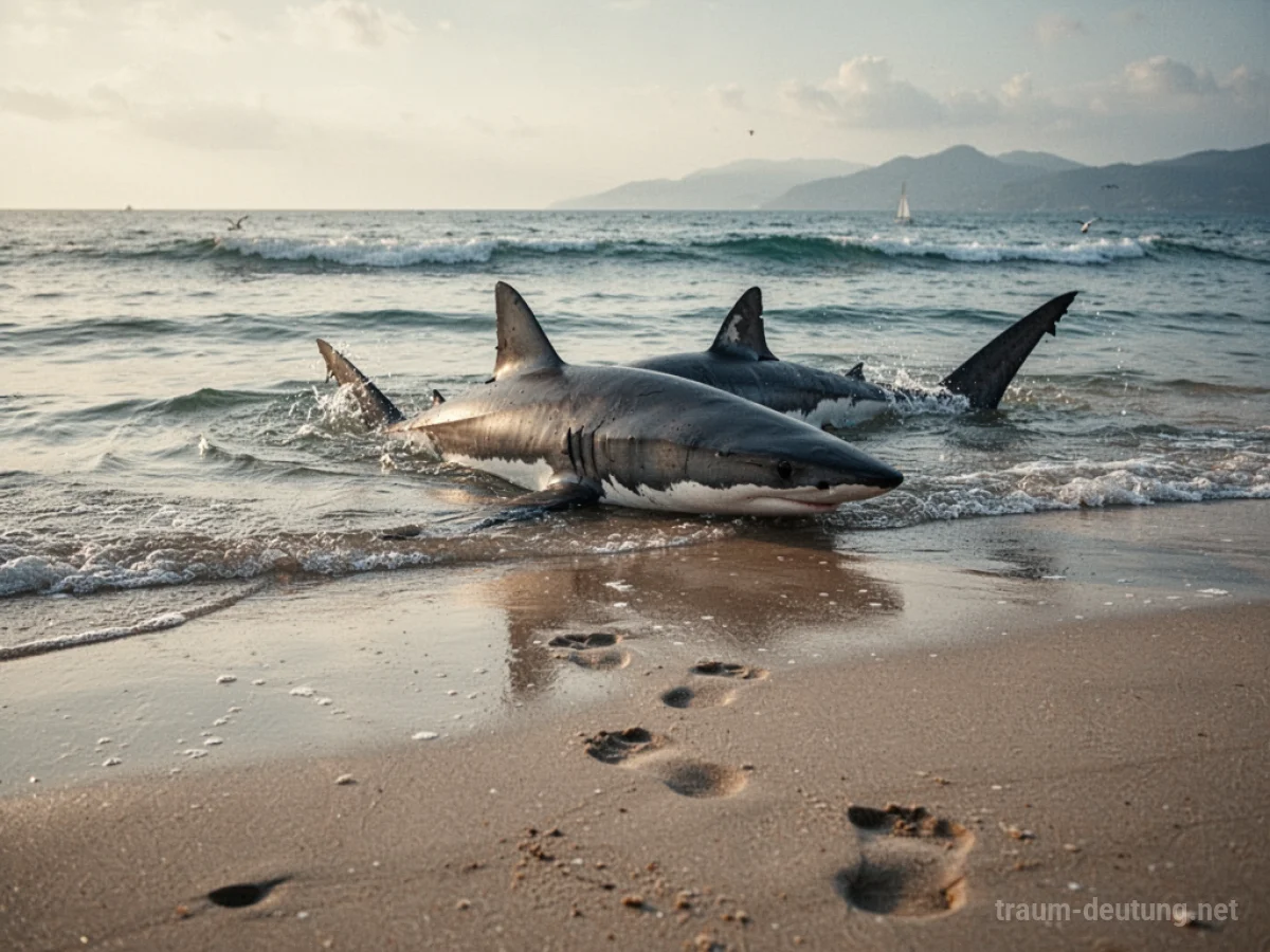 Hai am Strandrand im flachen Wasser, mit Fußspuren im Sand.
