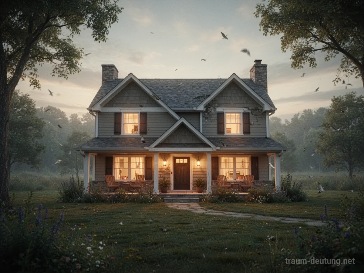 Haus mit warmem Licht aus den Fenstern in friedlicher Landschaft
