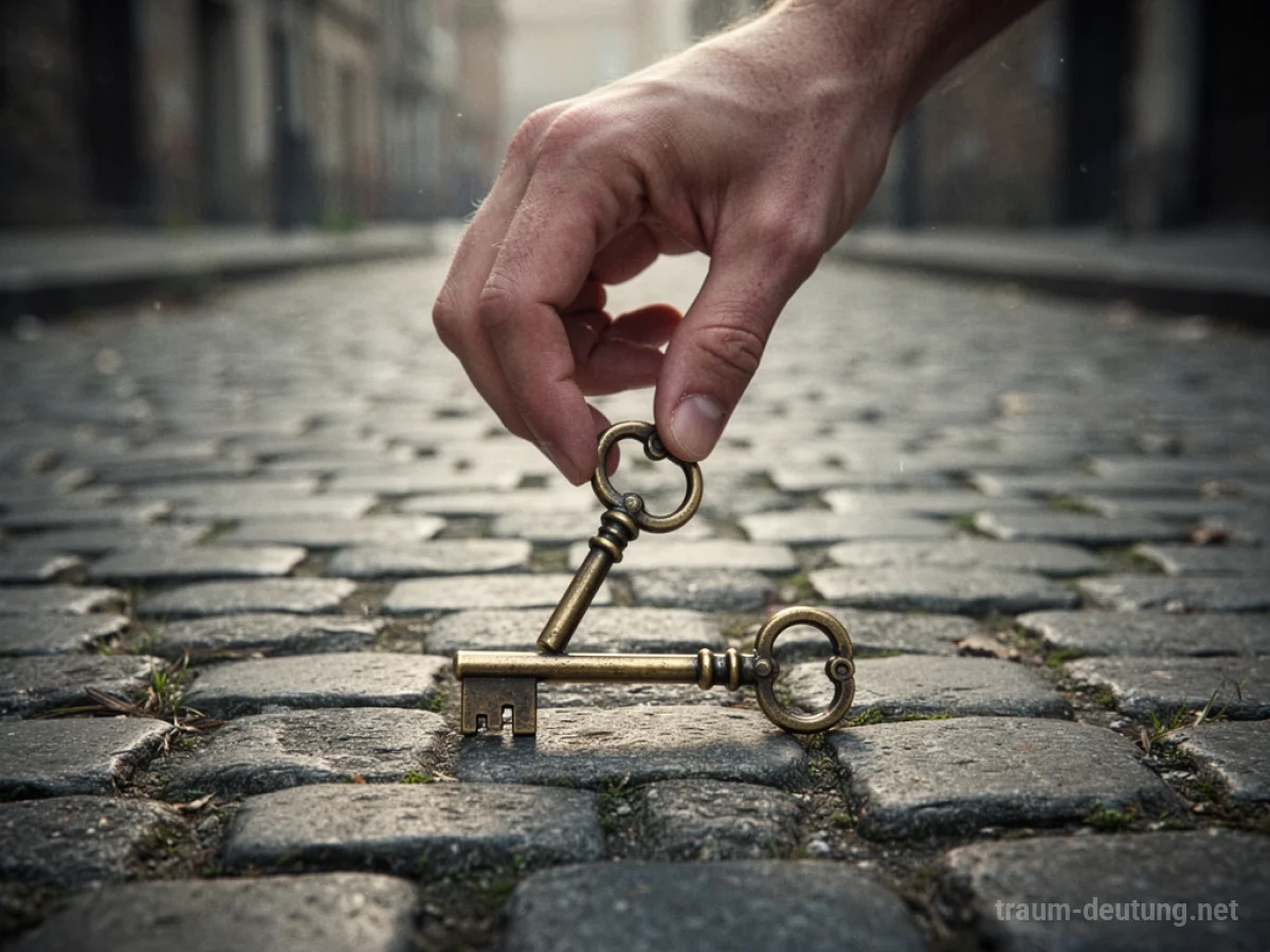 Eine Hand greift nach einem alten Hausschlüssel auf einem Weg.