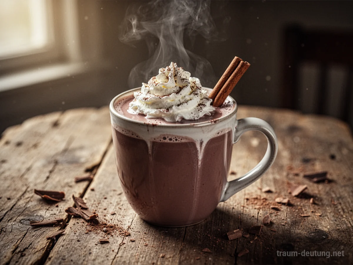 Tasse mit heißer Schokolade und Sahne auf Holztisch
