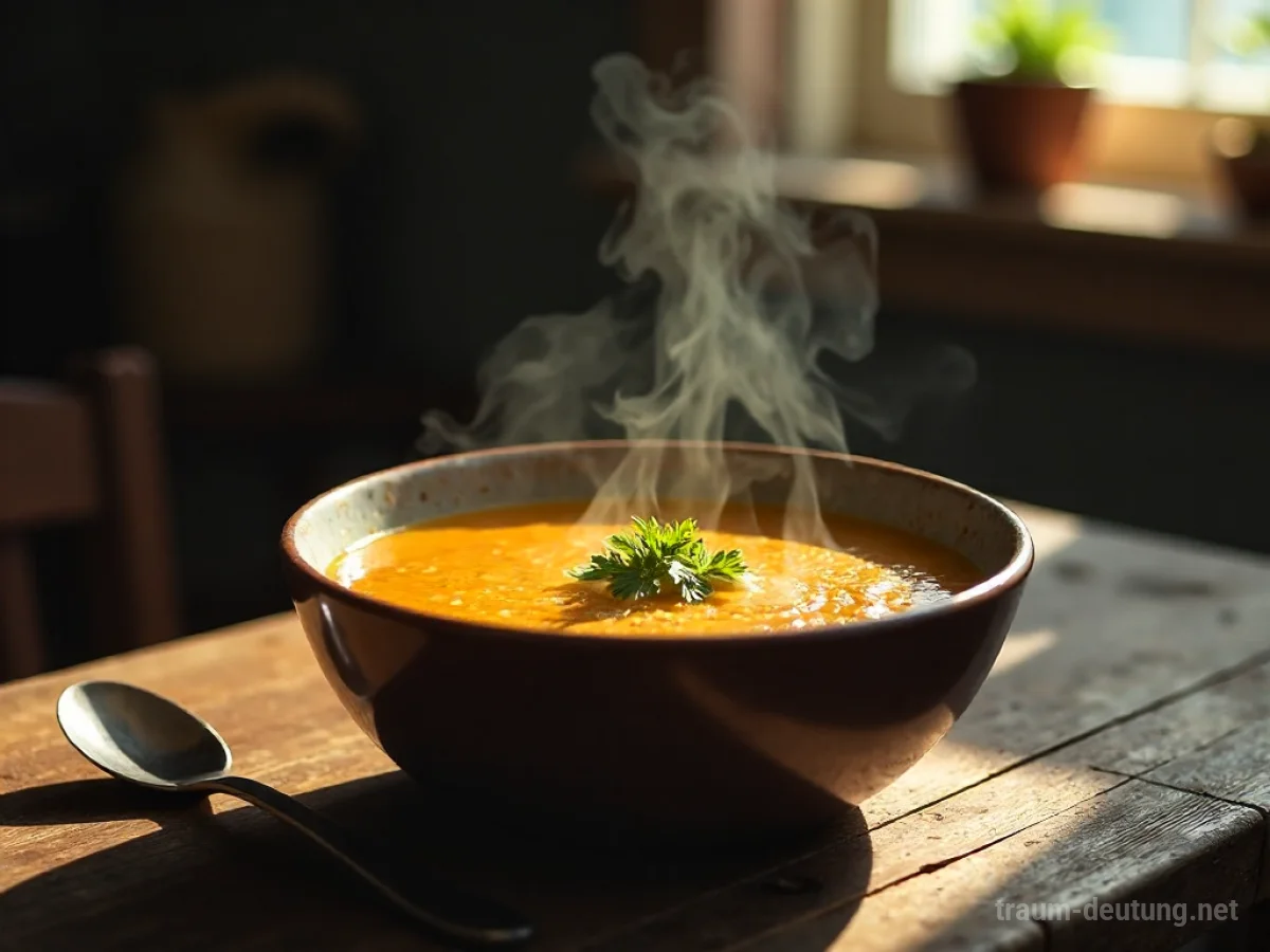 Eine dampfende Schüssel mit heißer Suppe auf einem Holztisch.