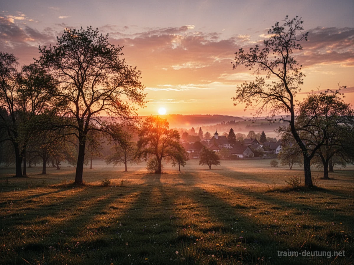 Heller Sonnenuntergang über einer ruhigen Landschaft mit Schatten von Bäumen.