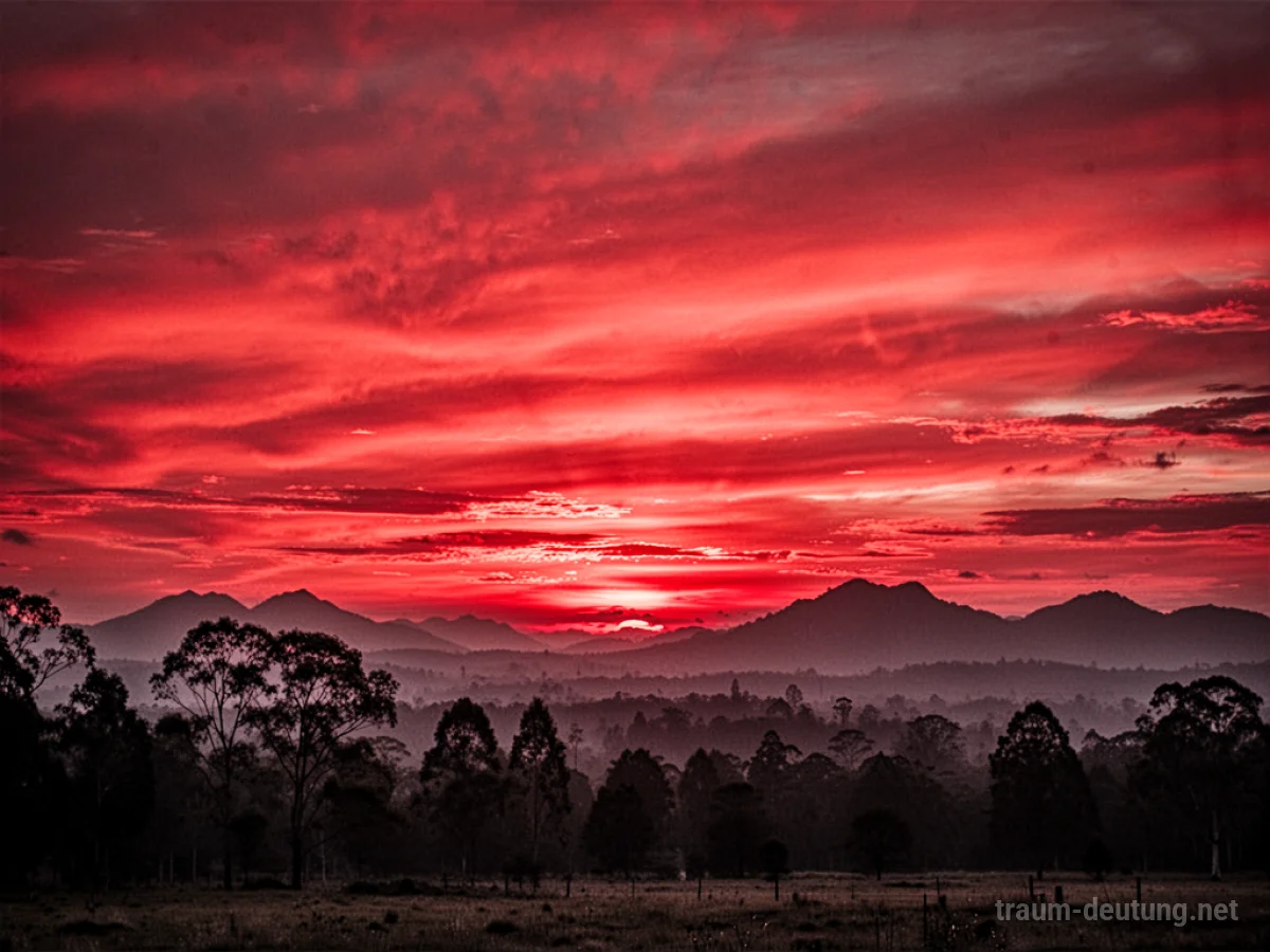 Ein roter Himmel bei Sonnenuntergang mit Silhouetten am Horizont