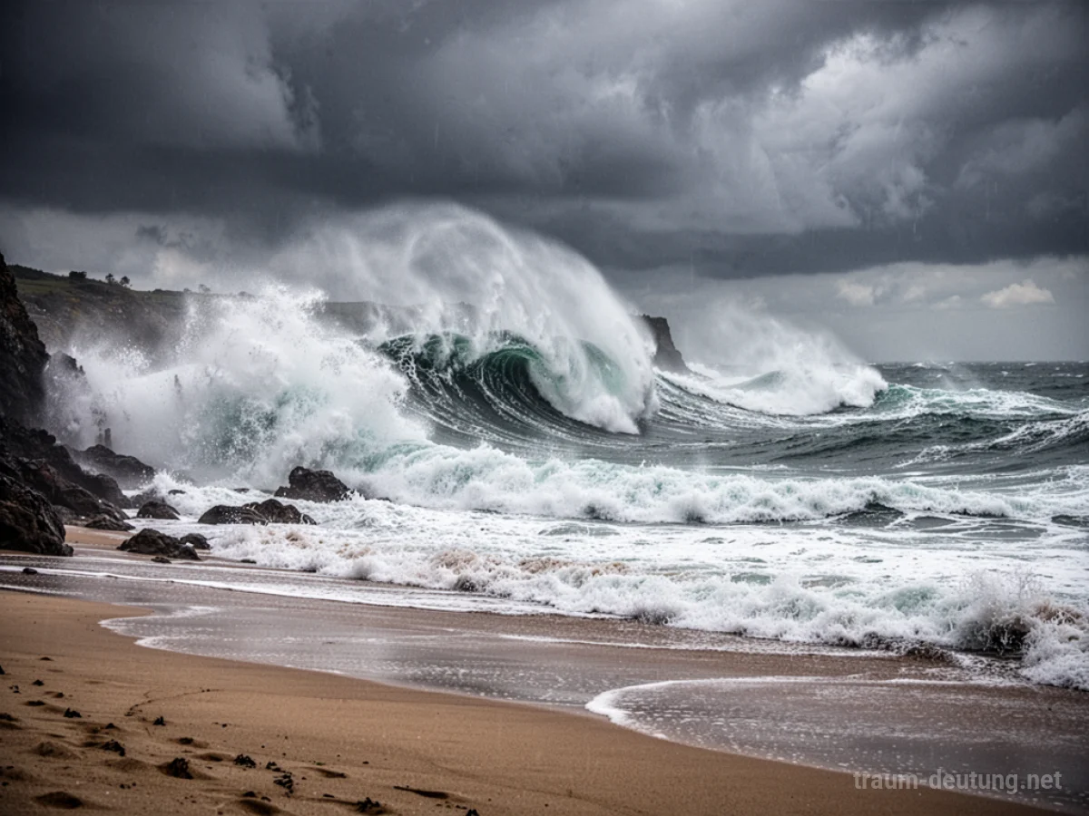 Hohe Wellen brechen sich dramatisch an einem einsamen Strand.