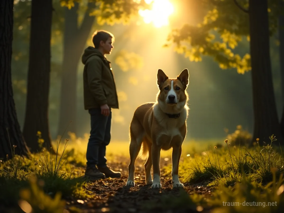 Ein Hund steht schützend vor einer Person in einem sonnigen Wald.