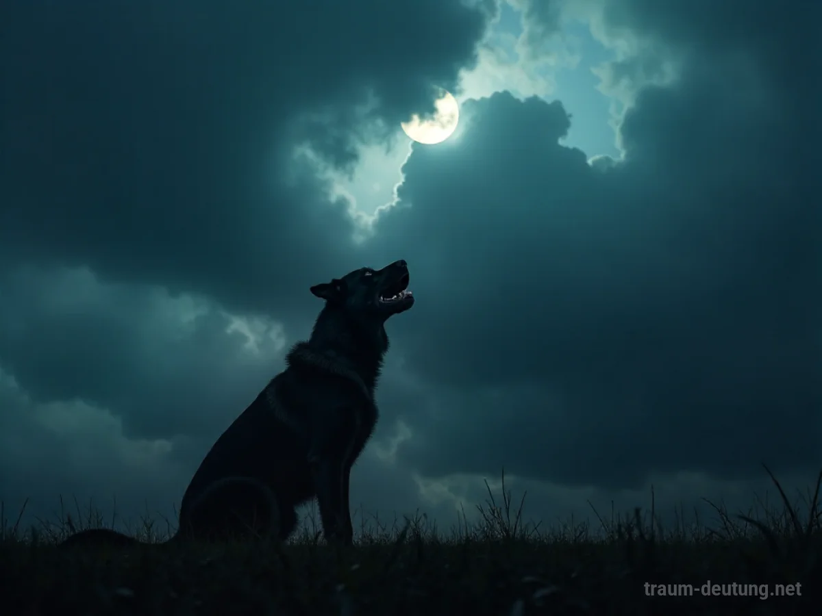 Ein Hund, der im Dunkeln schreit, als Silhouette vor einem stürmischen Himmel.