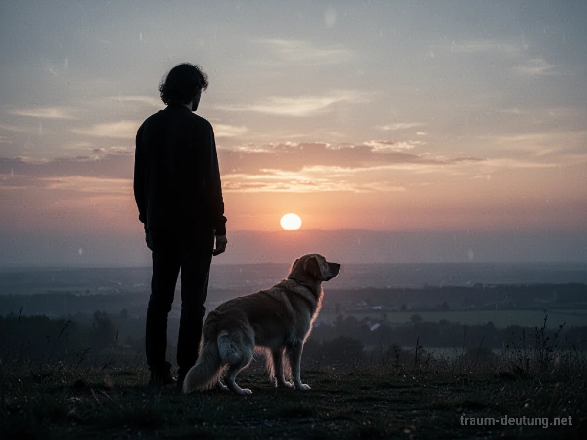 Silhouette einer Person und eines Hundes im Sonnenuntergang