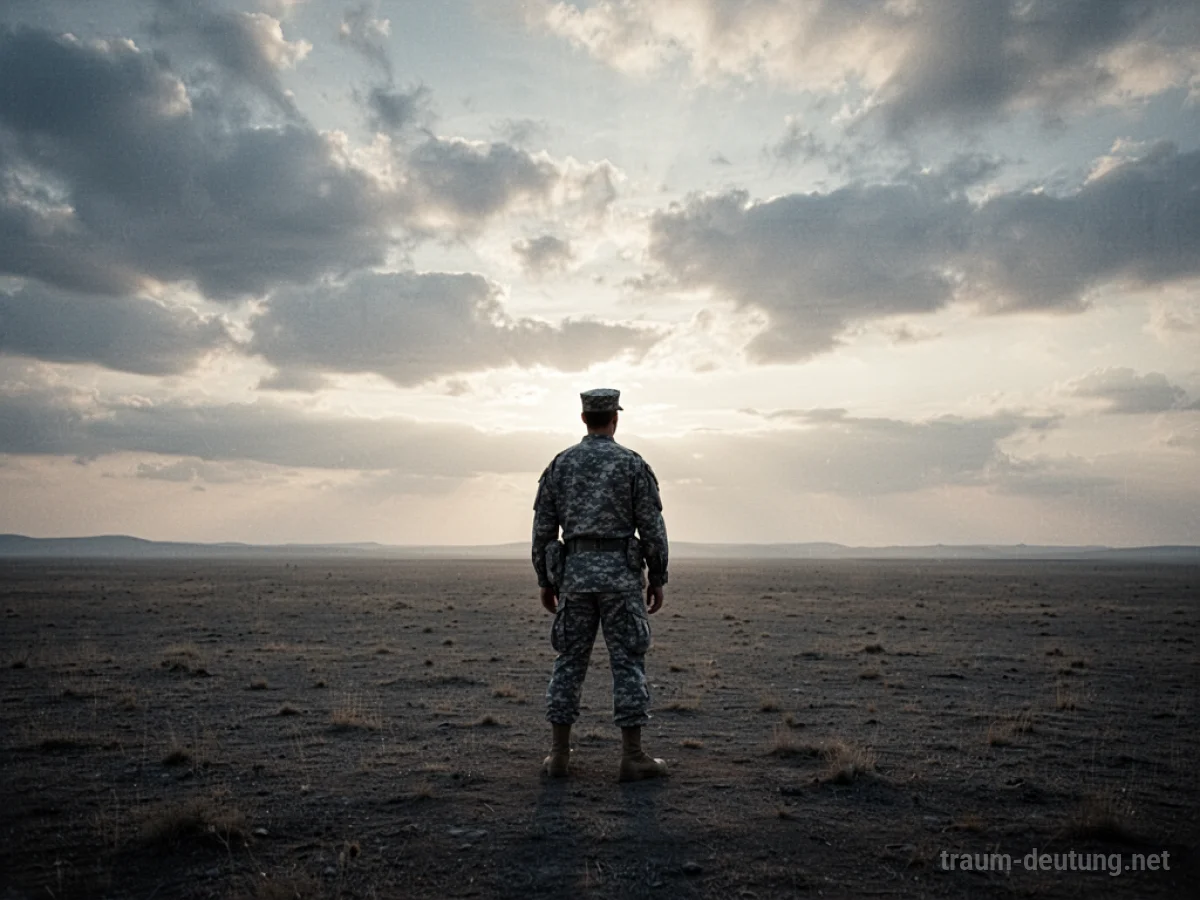 Silhouette eines Soldaten auf weiter Ebene unter bewölktem Himmel