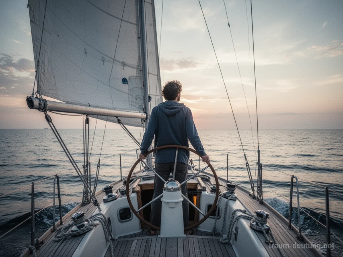 Person als Kapitän auf einem Segelboot, blickt auf den Horizont.