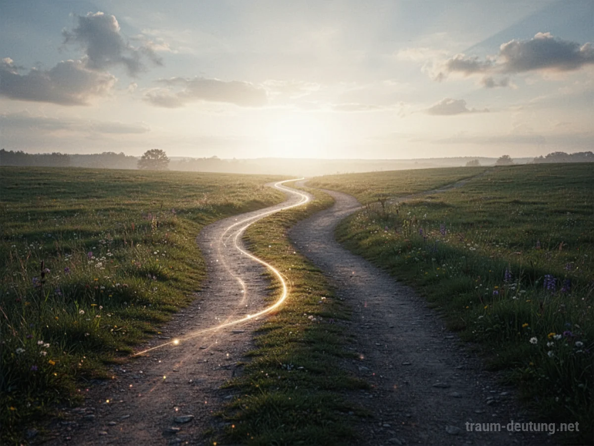Zwei Wege, die sich in einer Traumlandschaft teilen und auf einen Horizont zulaufen.