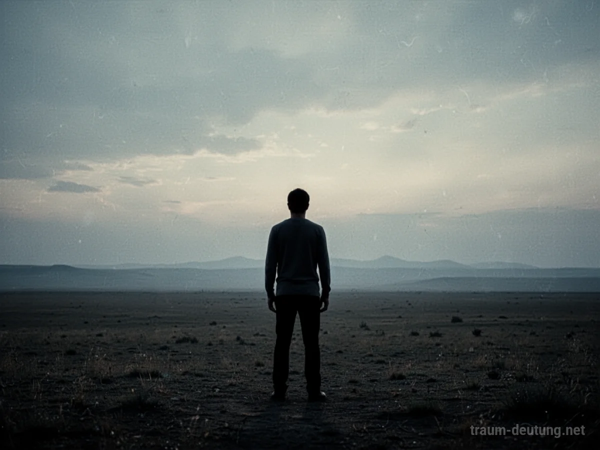 Silhouette einer Person, die in einer weiten Landschaft steht und auf den Horizont blickt