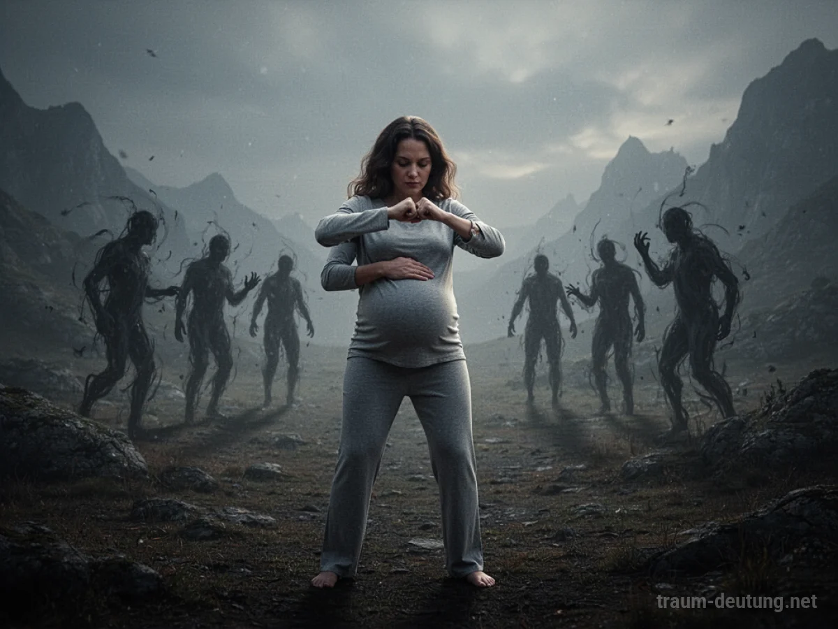 Schwangere Frau verteidigt sich gegen bedrohliche Schattenfiguren in einer düsteren Traumlandschaft.
