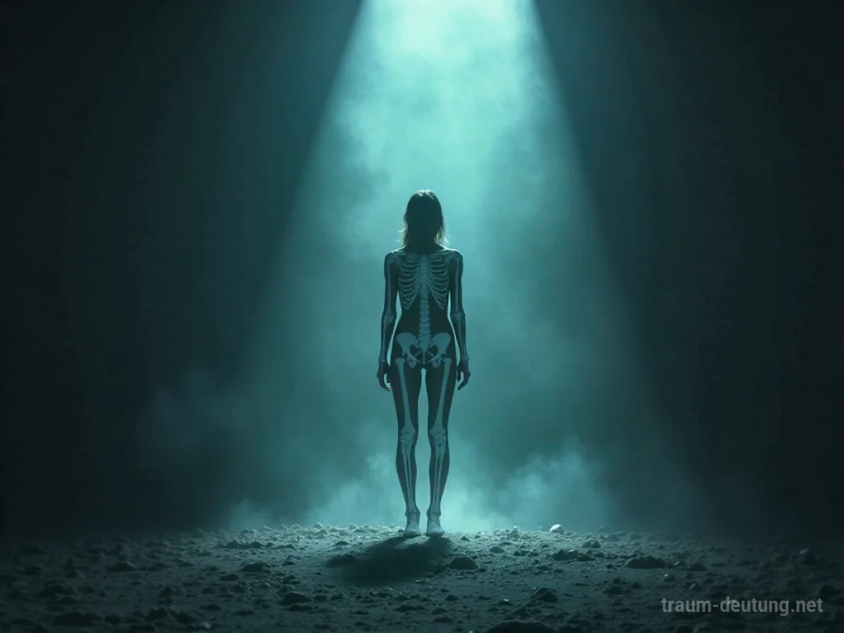 Eine Person verwandelt sich langsam in ein Skelett in einem diffusen Licht.