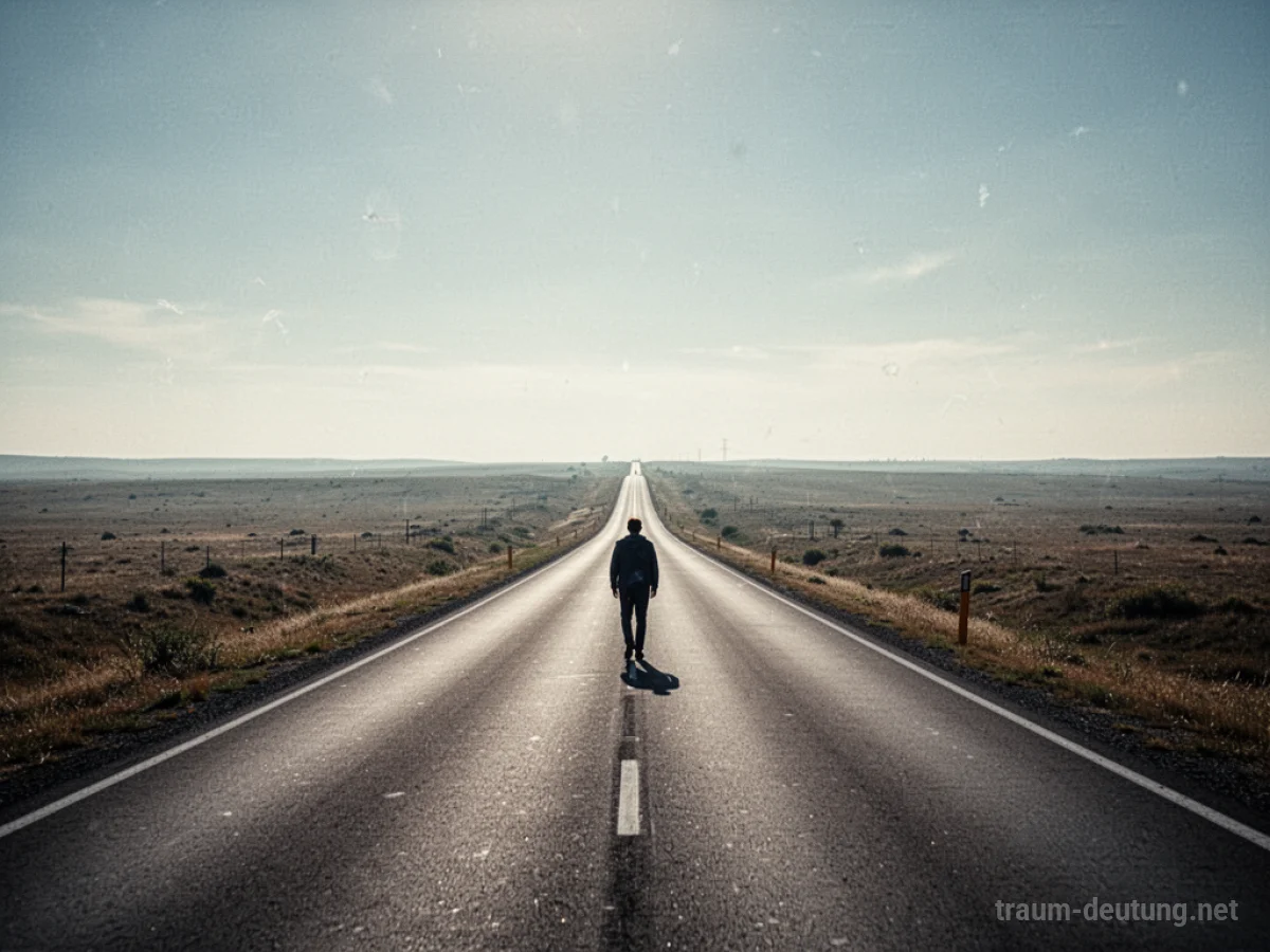 Eine Person geht eine lange, gerade Straße entlang, die sich am Horizont verliert.
