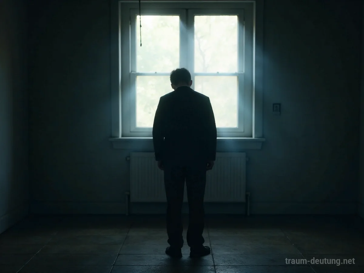 Eine Person steht mit gesenktem Kopf in einem schwach beleuchteten Raum.
