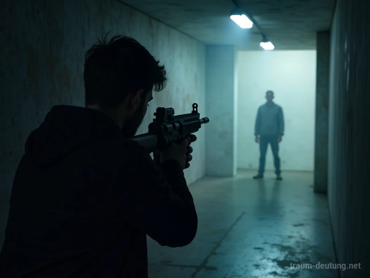 Silhouette einer Person, die im Dunkeln eine Waffe auf etwas Unbekanntes richtet.