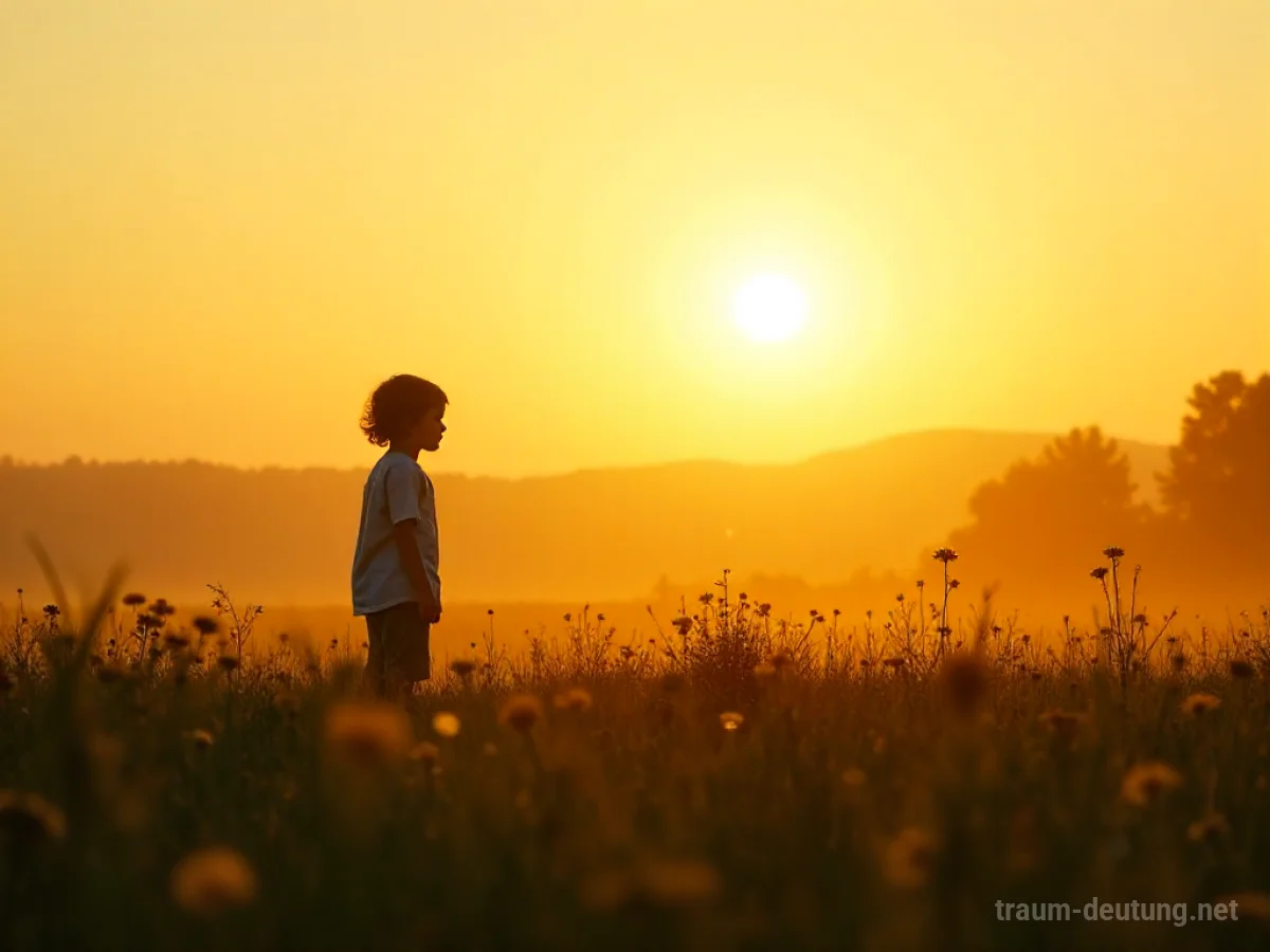 Kindheits-Silhouette in einer sonnigen Wiese, Blick in die Ferne