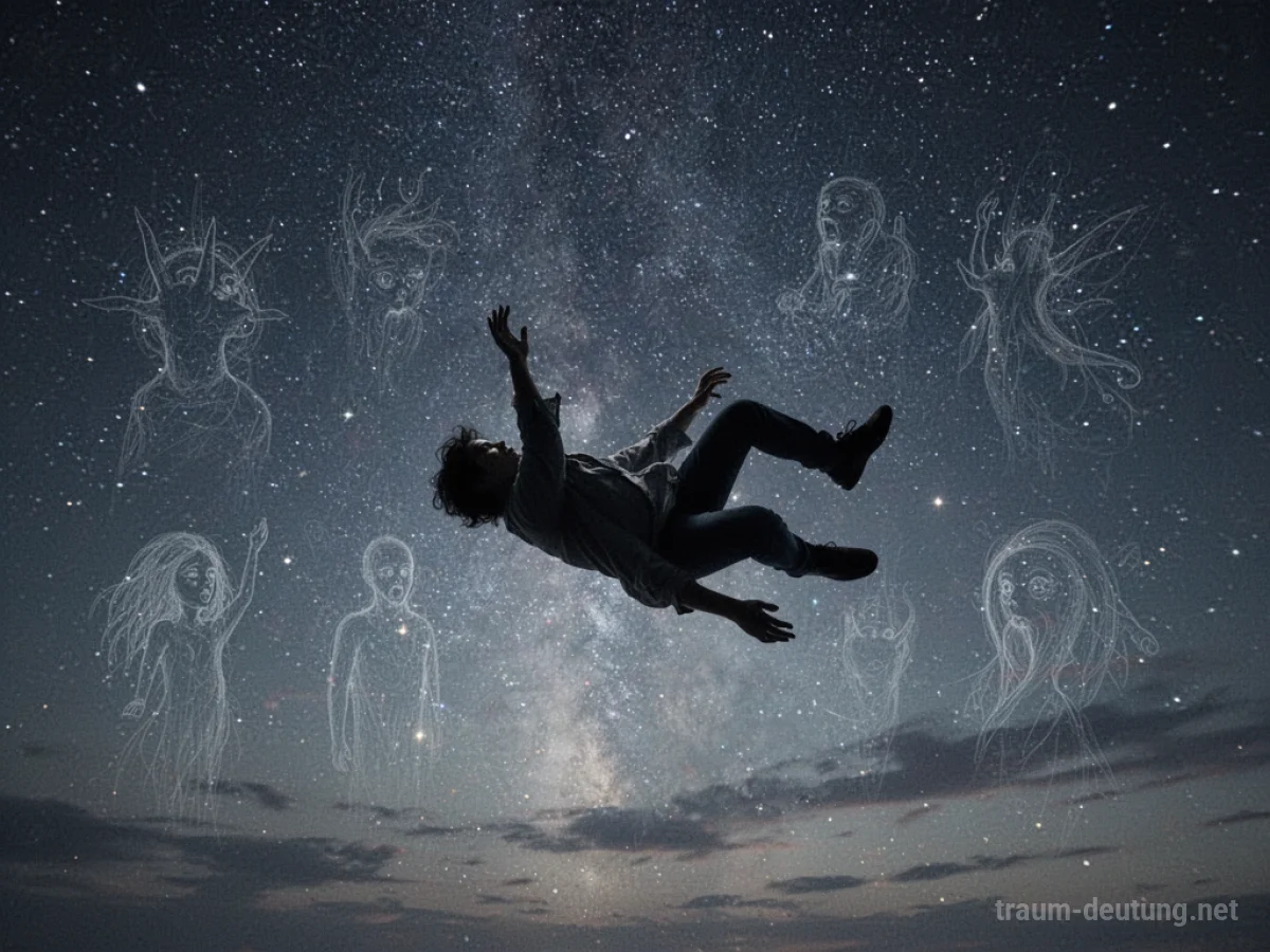 Silhouette einer Person, die durch einen dunklen Himmel fällt.