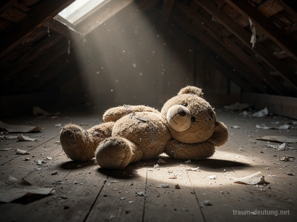 Ein einzelner, abgenutzter Teddybär liegt auf einem staubigen Dachboden.