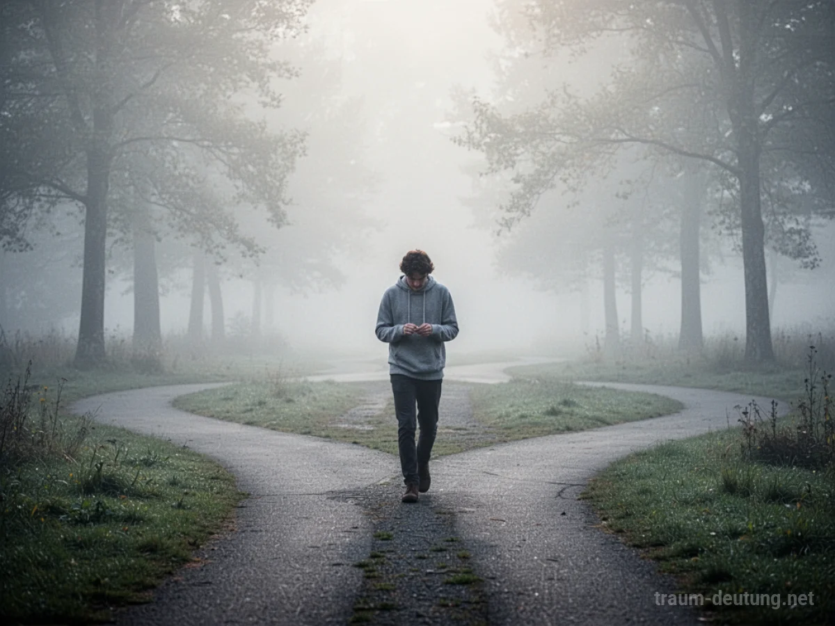 Eine Person steht auf einem verschlungenen Pfad im Nebel und sucht nach sich selbst.