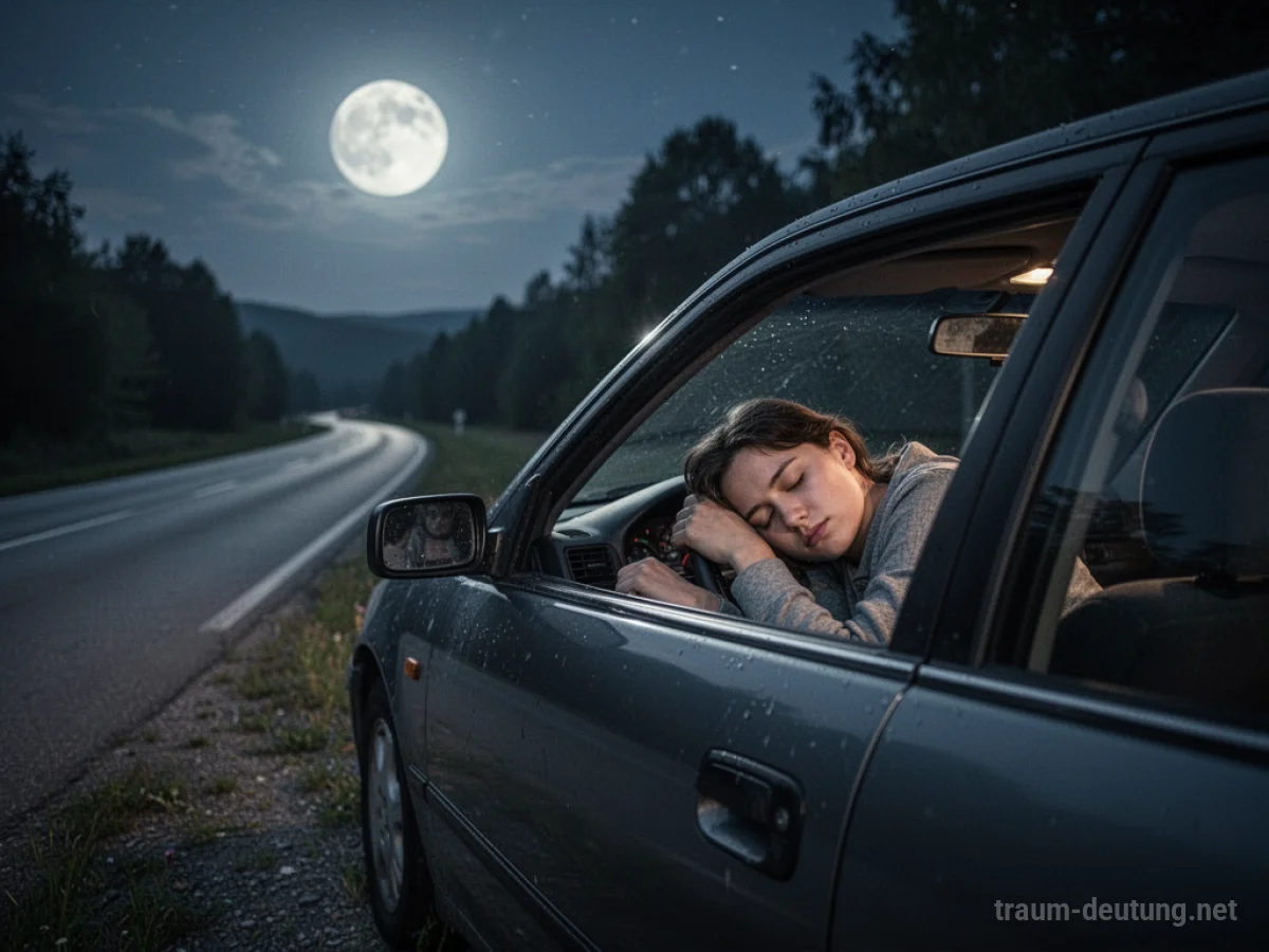 Eine Person schläft im Auto auf einer einsamen Straße bei Nacht.