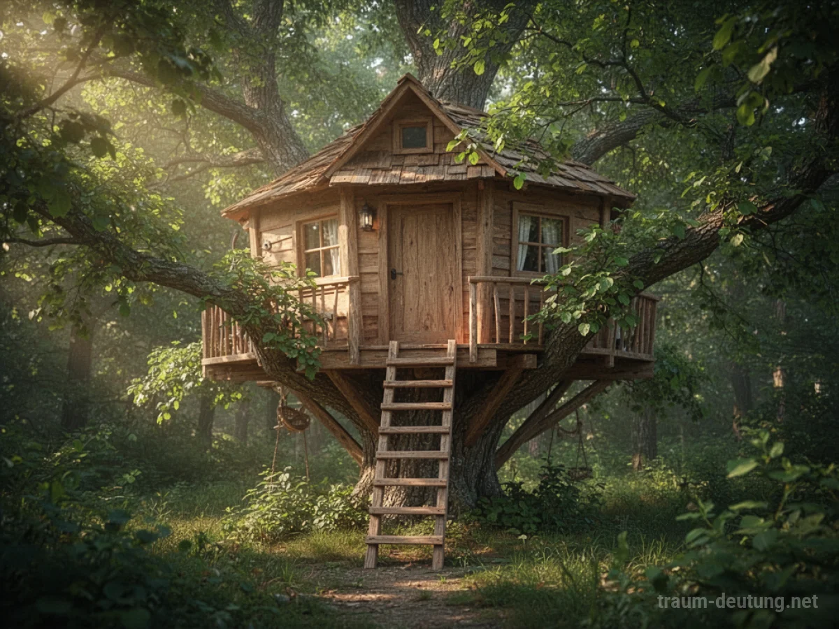 Ein gemütliches Baumhaus, umgeben von grünem Laub, im sanften Sonnenlicht.