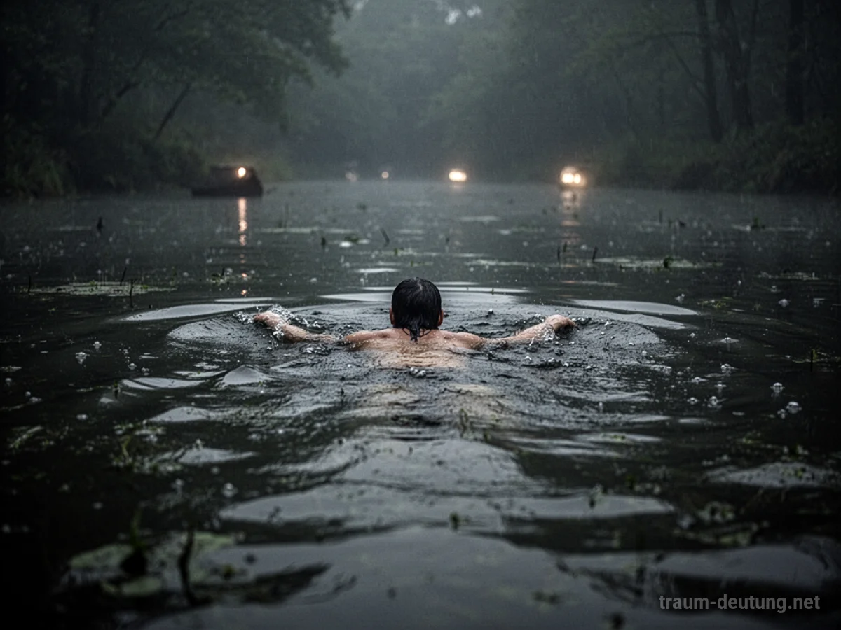 Eine Person schwimmt in dunklem, trübem Wasser.