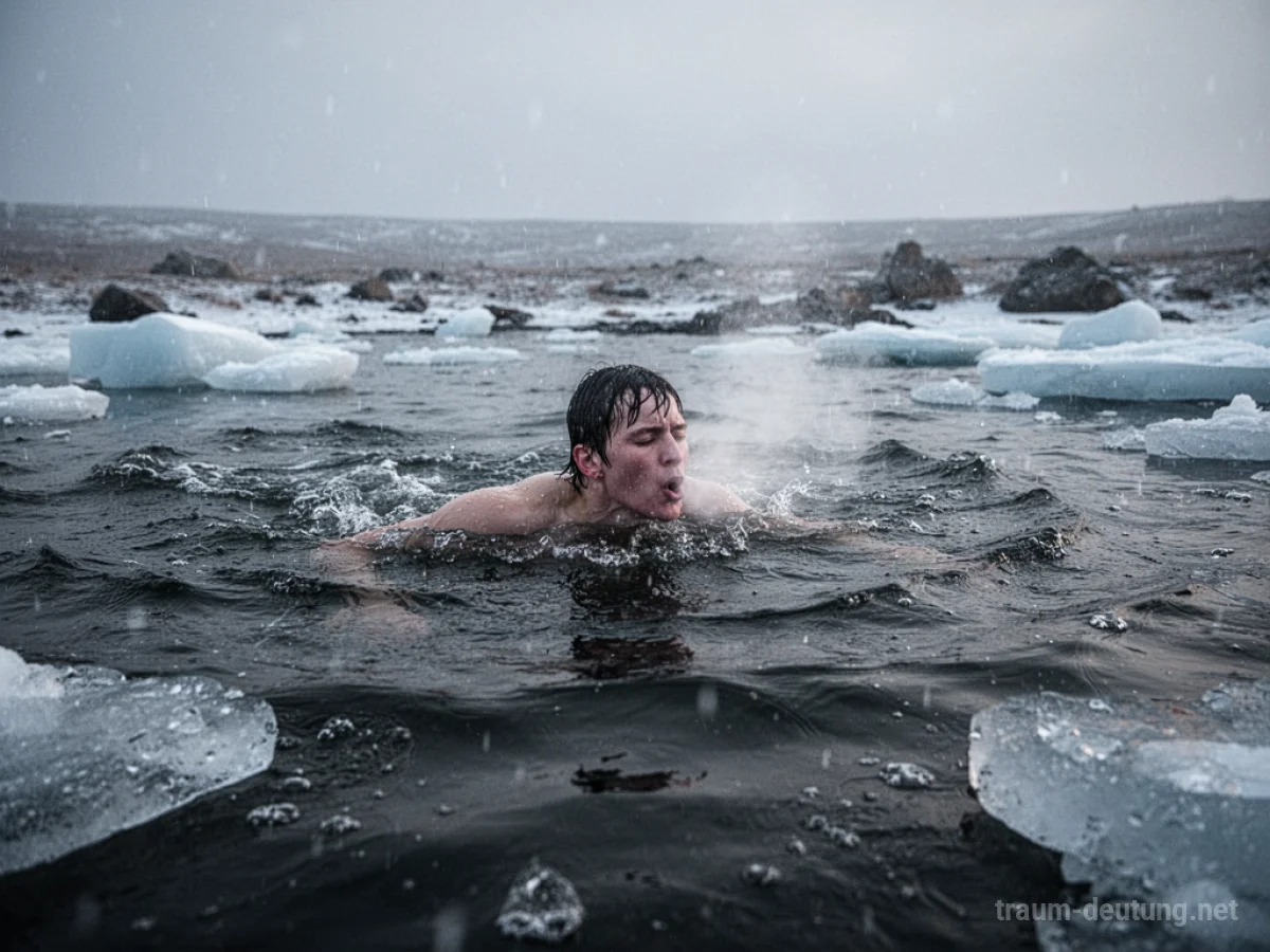 Person schwimmt in eisigem Wasser mit sichtbarem Atem im kalten Nebel.