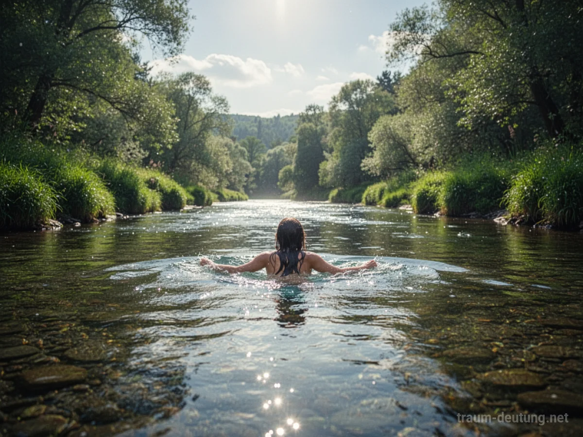 Eine Person schwimmt ruhig in einem klaren Fluss inmitten üppiger Natur.