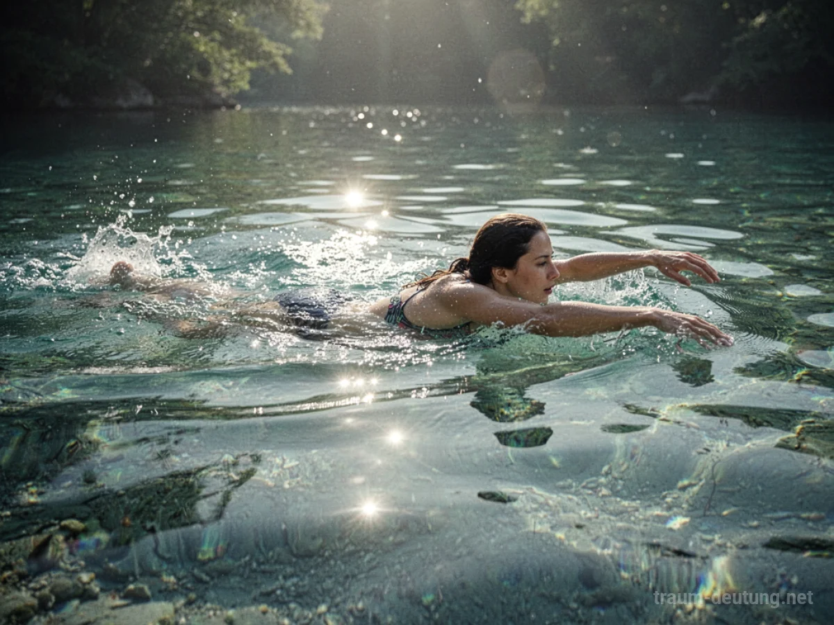 Eine Person schwimmt ruhig in klarem, blauem Wasser.