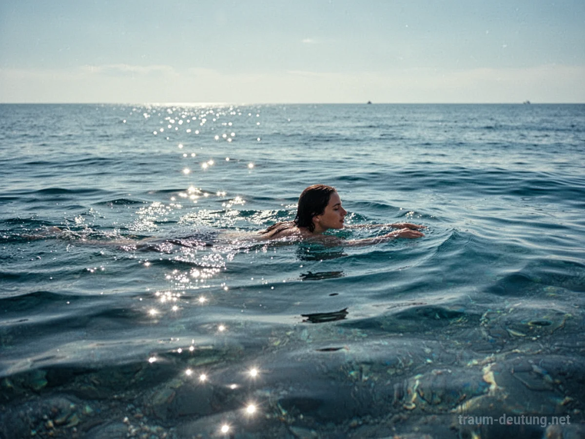 Person schwimmt ruhig im klaren, blauen Meer.